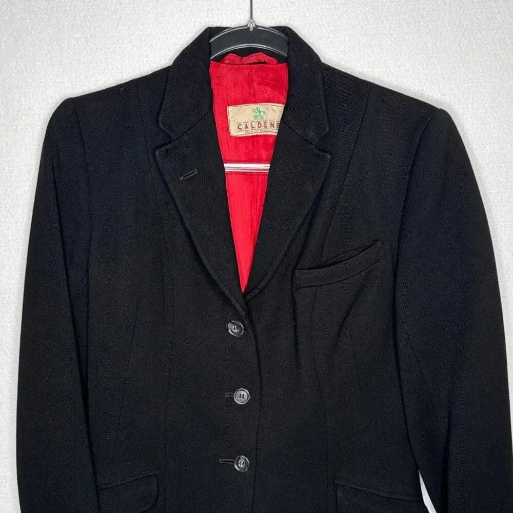 Vintage 1970s-80s Caldene Black Wool Riding Blazer Red Lined Small